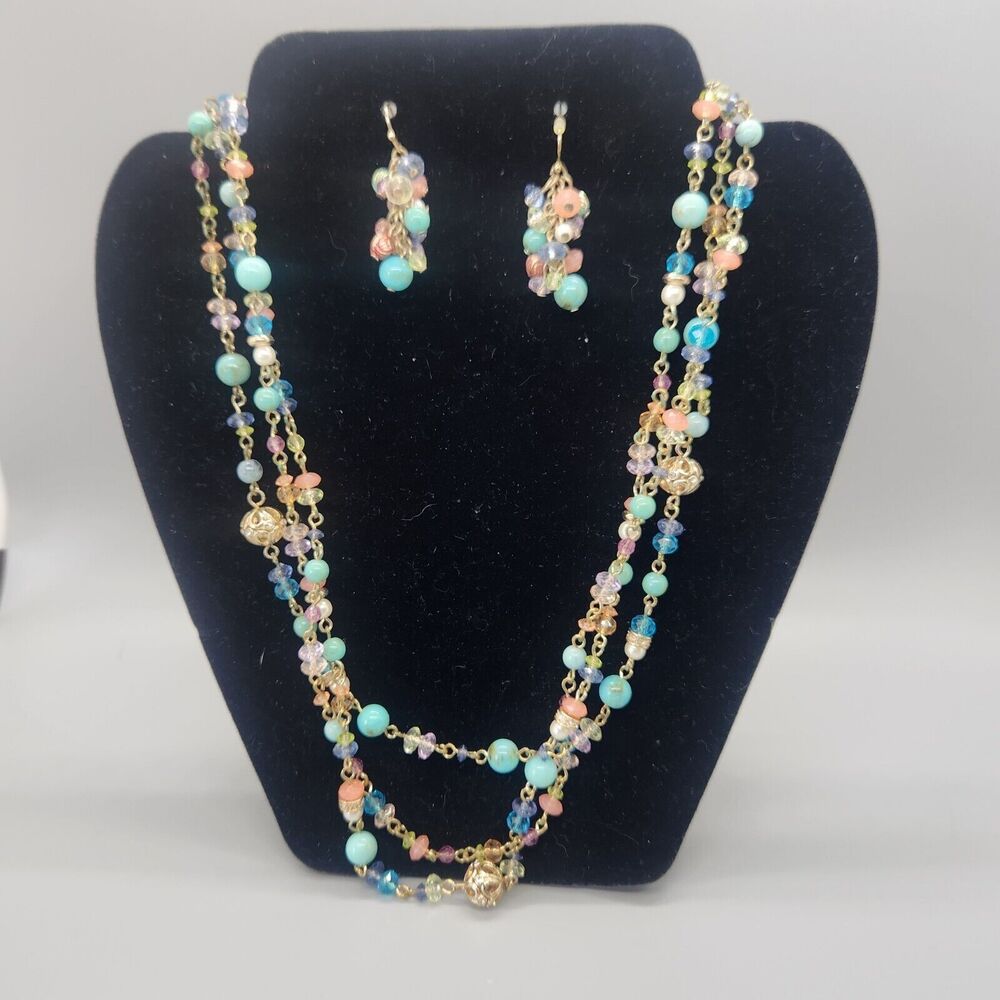 Matched Set Summer Breeze Beaded Necklace & Dangle Earrings Avon Gold Aqua Boho